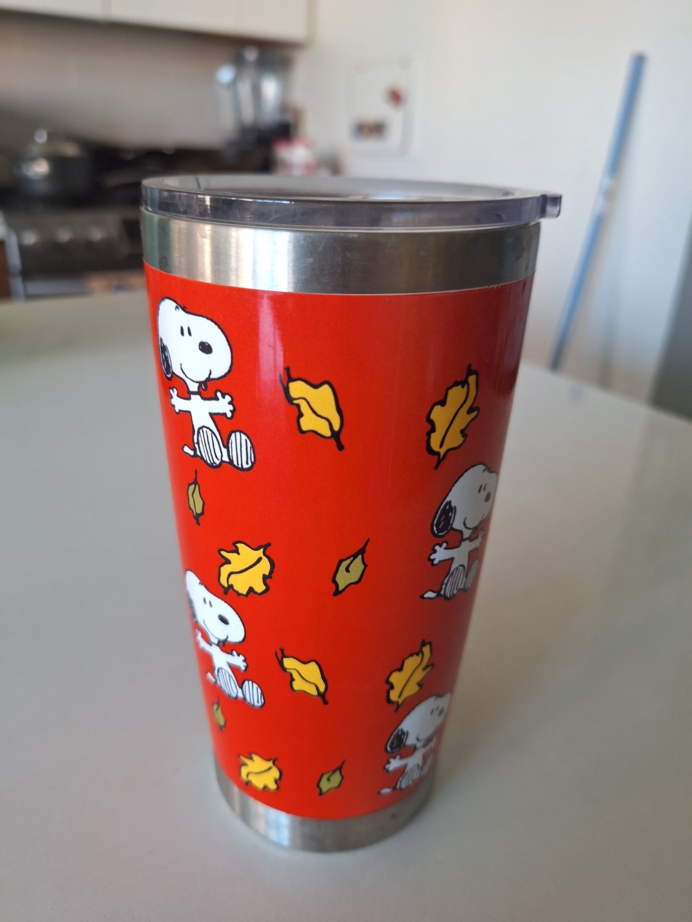 Peanuts Red Snoopy Travel Tumbler with Autumn Leaf Motif